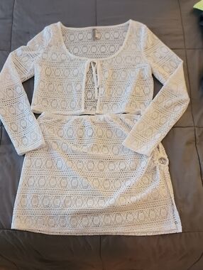 refuge White Crochet Crop Top with Tie-Front